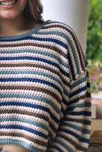 Load image into Gallery viewer,  Striped Sweater navy, brown, taupe, beige, cropped, bell sleeve
