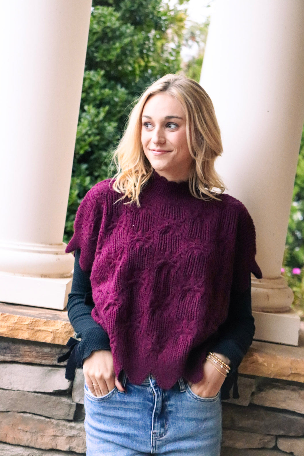 Side-Tie Scalloped Burgundy Sweater Vest