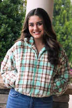 Load image into Gallery viewer, mint green, brown, beige Zip-up Plaid Fuzzy Jacket
