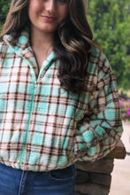 Load image into Gallery viewer, mint green, brown, beige Zip-up Plaid Fuzzy Jacket
