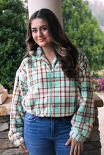 Load image into Gallery viewer, mint green, brown, beige Zip-up Plaid Fuzzy Jacket
