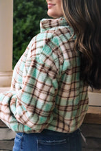 Load image into Gallery viewer, mint green, brown, beige Zip-up Plaid Fuzzy Jacket
