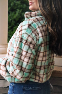 mint green, brown, beige Zip-up Plaid Fuzzy Jacket