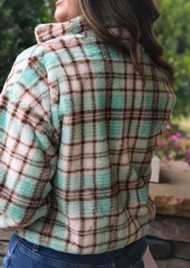 mint green, brown, beige Zip-up Plaid Fuzzy Jacket