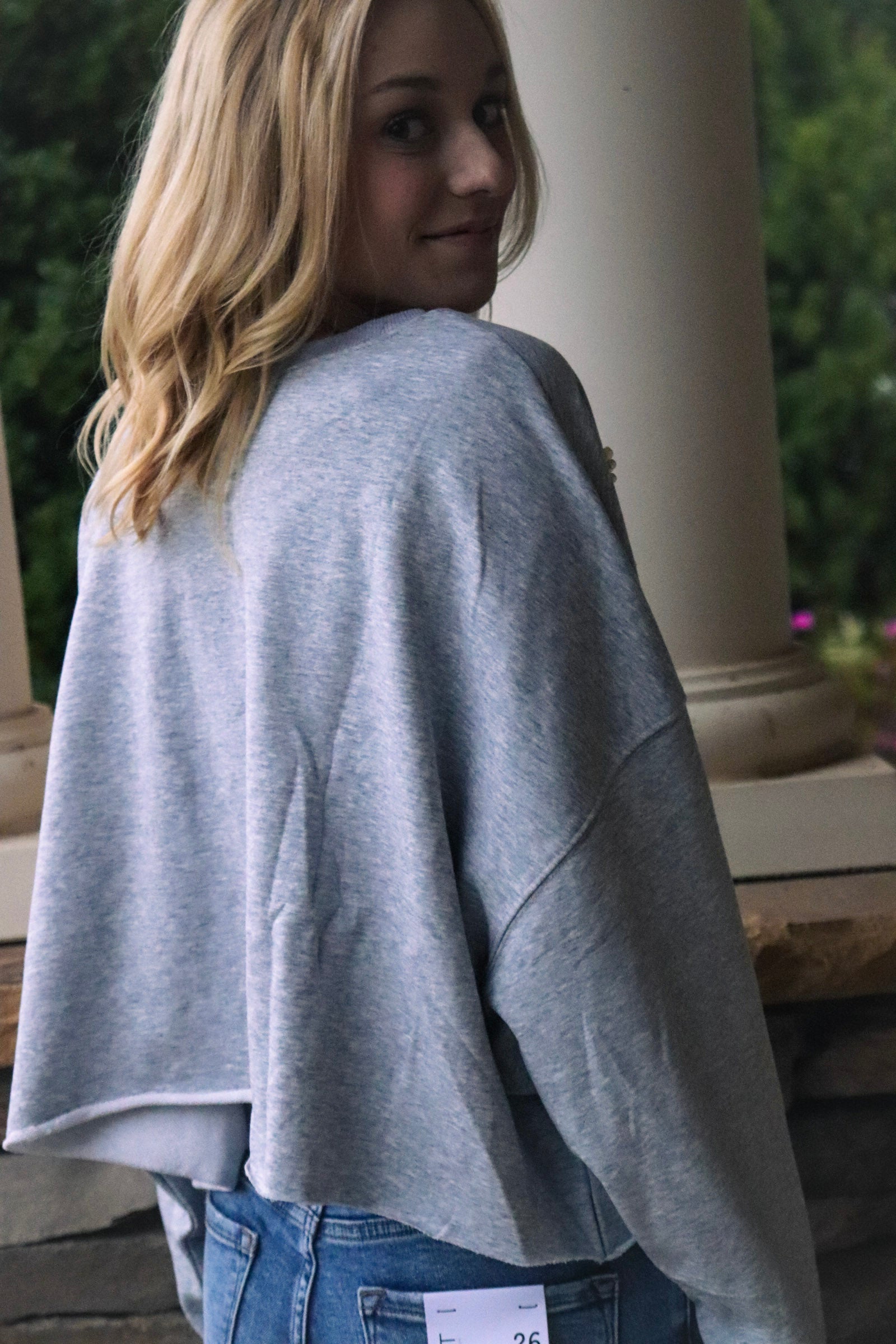 gray sweatshirt pearl bows