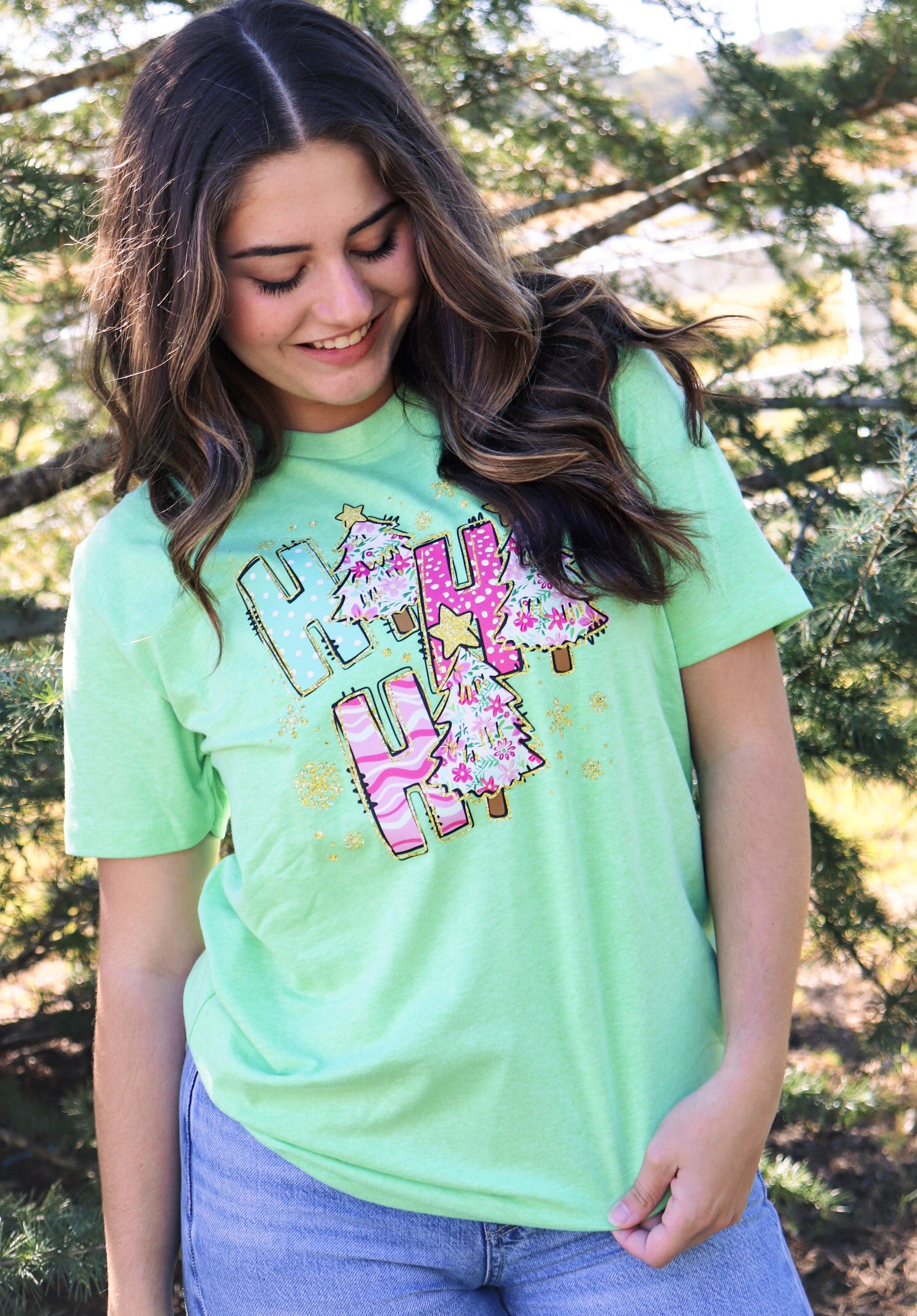 Bright green Ho Ho Ho Tee with pink Christmas Trees