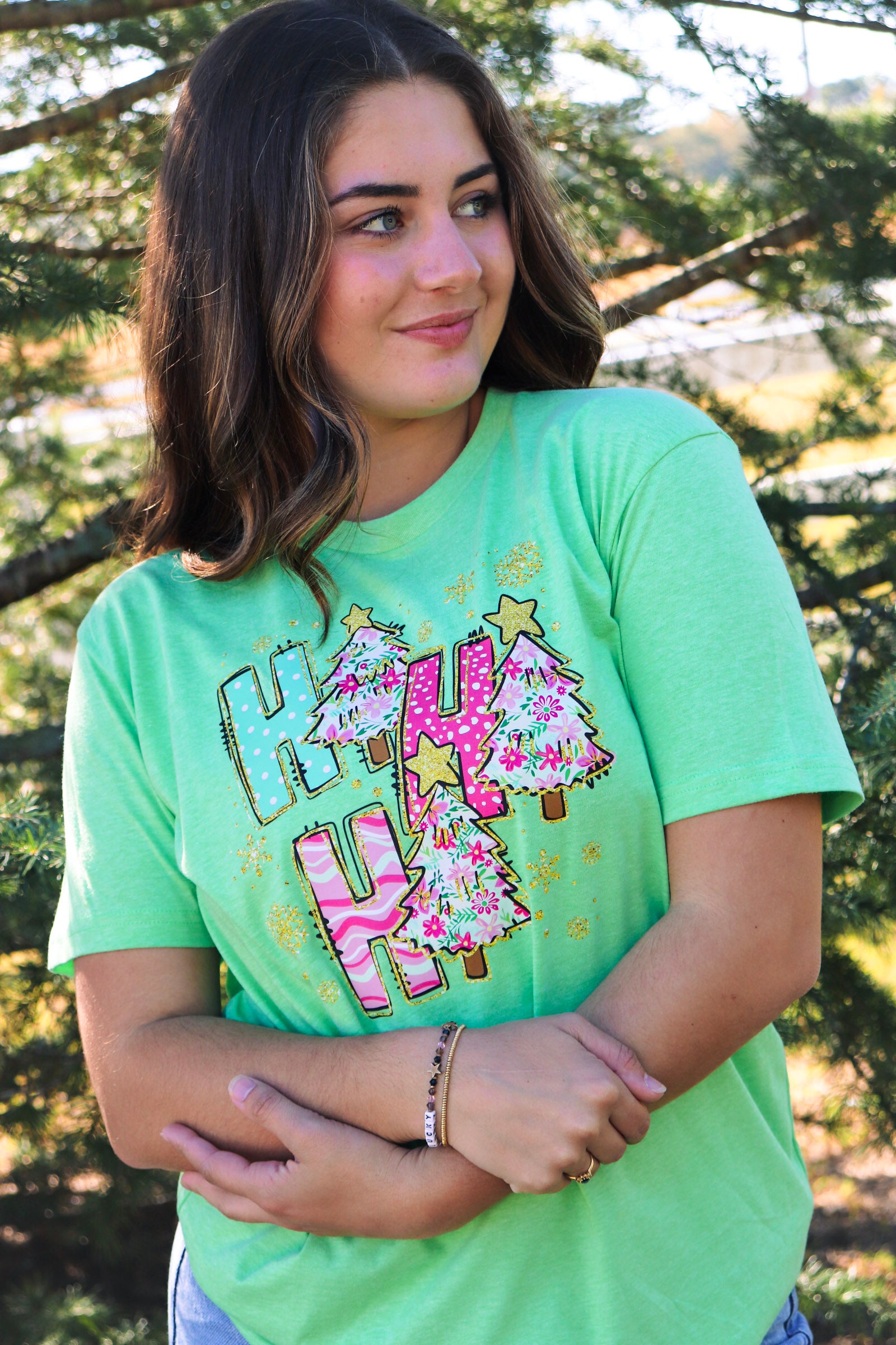 Bright green Ho Ho Ho Tee with pink Christmas Trees