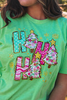 Bright green Ho Ho Ho Tee with pink Christmas Trees
