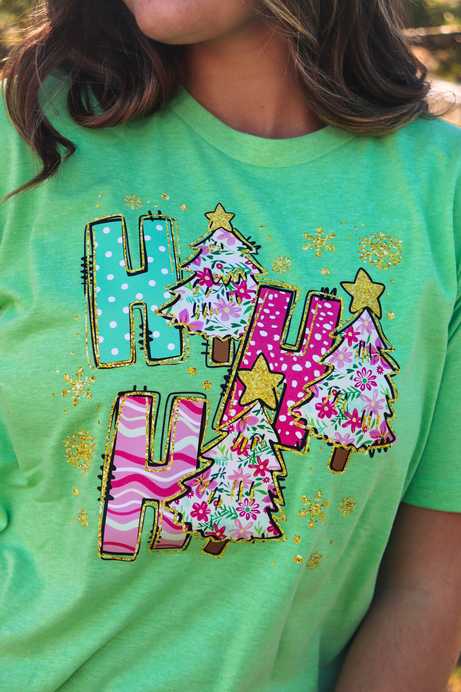 Bright green Ho Ho Ho Tee with pink Christmas Trees