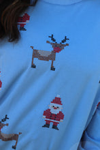 Load image into Gallery viewer, Dusty blue Santa/Rudolph Cross Stitch Sweatshirt
