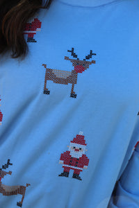 Dusty blue Santa/Rudolph Cross Stitch Sweatshirt