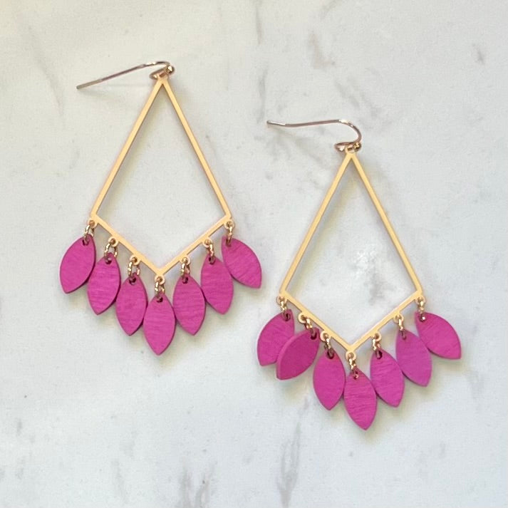 Fuchsia Gold diamond wood leaf fringe earrings