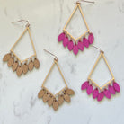 Fuchsia & light mocha Gold diamond wood leaf fringe earrings