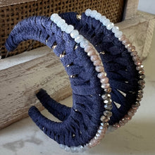 Load image into Gallery viewer, Navy Suede/Beaded Hoops
