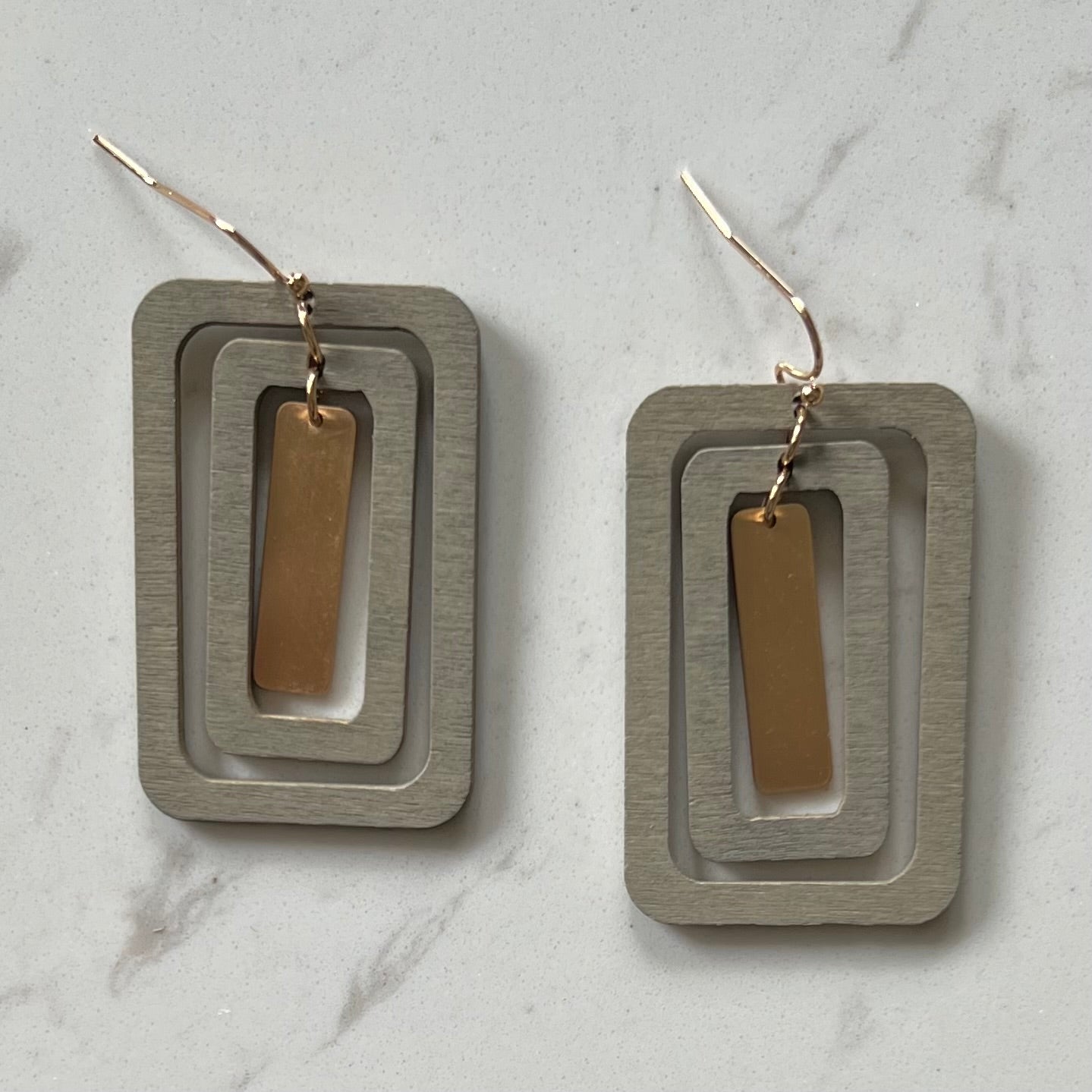 gray Wood & Metal Triple Rectangle Earrings