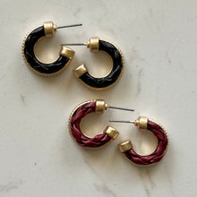 Load image into Gallery viewer, Wine &amp; Black Twist Leather Hoops
