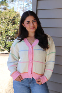 Striped Button Down cream Cardigan with pink trim and pink, blue, green & orange stripes