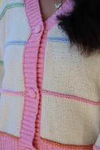 Load image into Gallery viewer, Striped Button Down cream Cardigan with pink trim and pink, blue, green &amp; orange stripes
