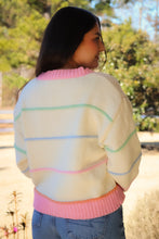 Load image into Gallery viewer, Striped Button Down cream Cardigan with pink trim and pink, blue, green &amp; orange stripes
