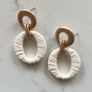 Cream Wrapped Raffia Oval Earrings