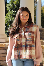 Load image into Gallery viewer, Mixed media plaid faux fur jacket with knit sleeves.
