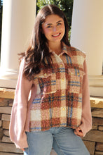 Load image into Gallery viewer, Mixed media plaid faux fur jacket with knit sleeves.
