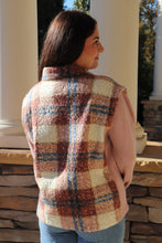 Load image into Gallery viewer, Mixed media plaid faux fur jacket with knit sleeves.
