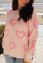 Load image into Gallery viewer, Light pink sweater with bright pink puffy hearts
