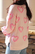 Load image into Gallery viewer, Light pink sweater with bright pink puffy hearts
