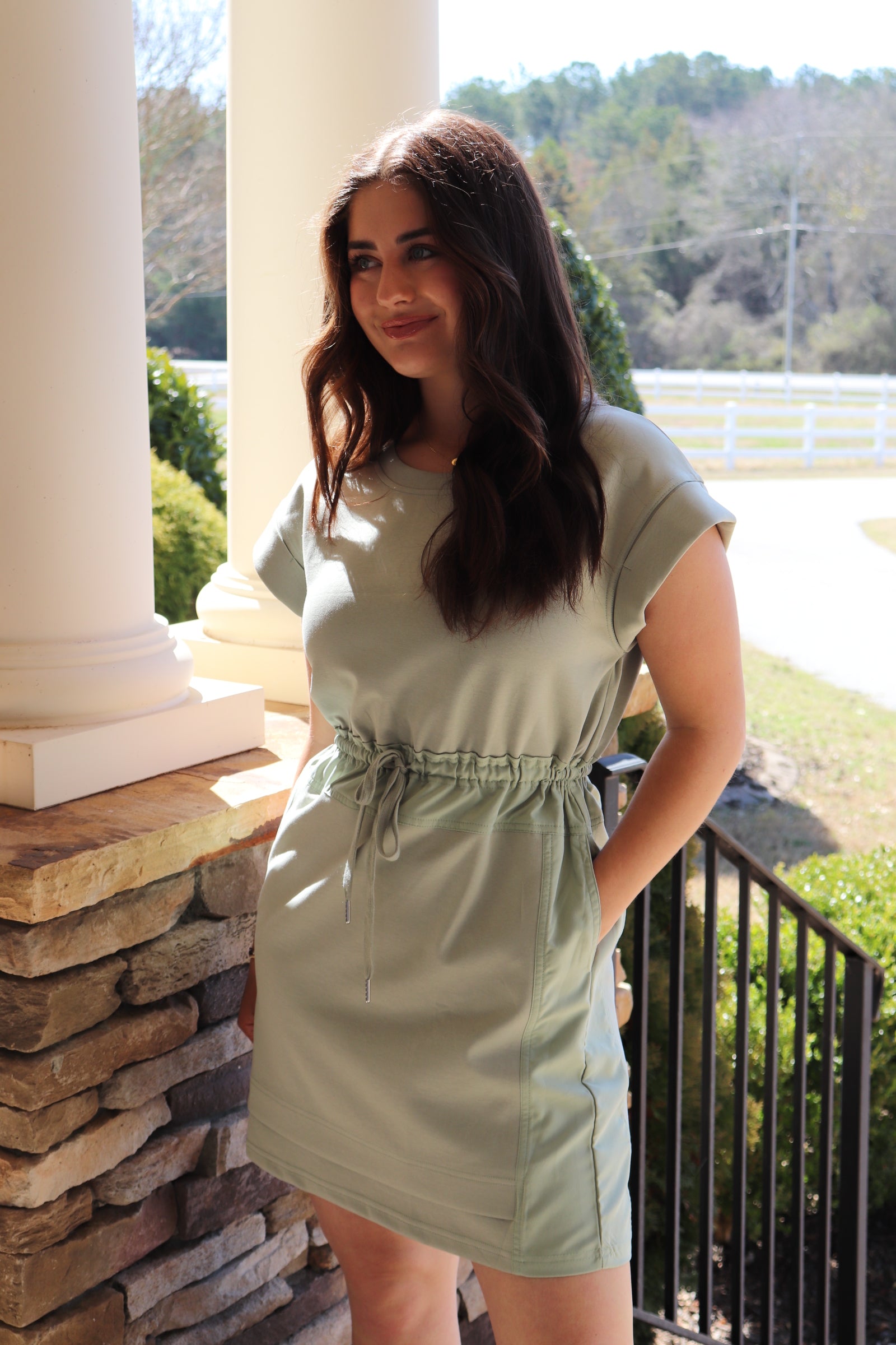 Jersey Sage Drawstring Dress