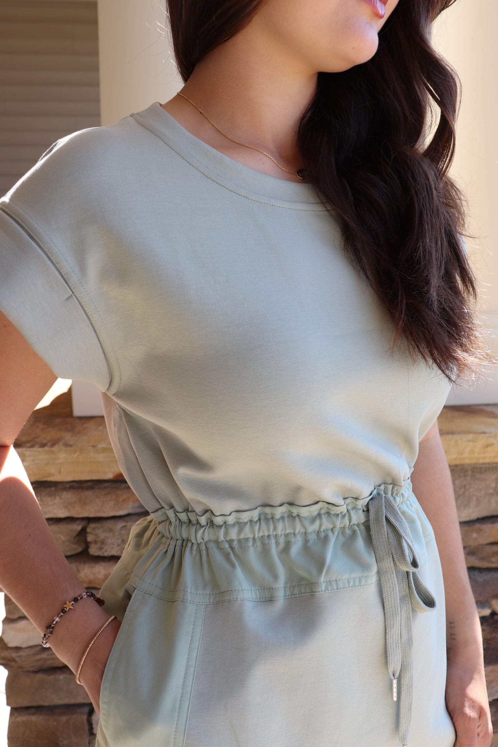 Jersey Sage Drawstring Dress