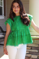 Green Eyelet Short Sleeve Top
