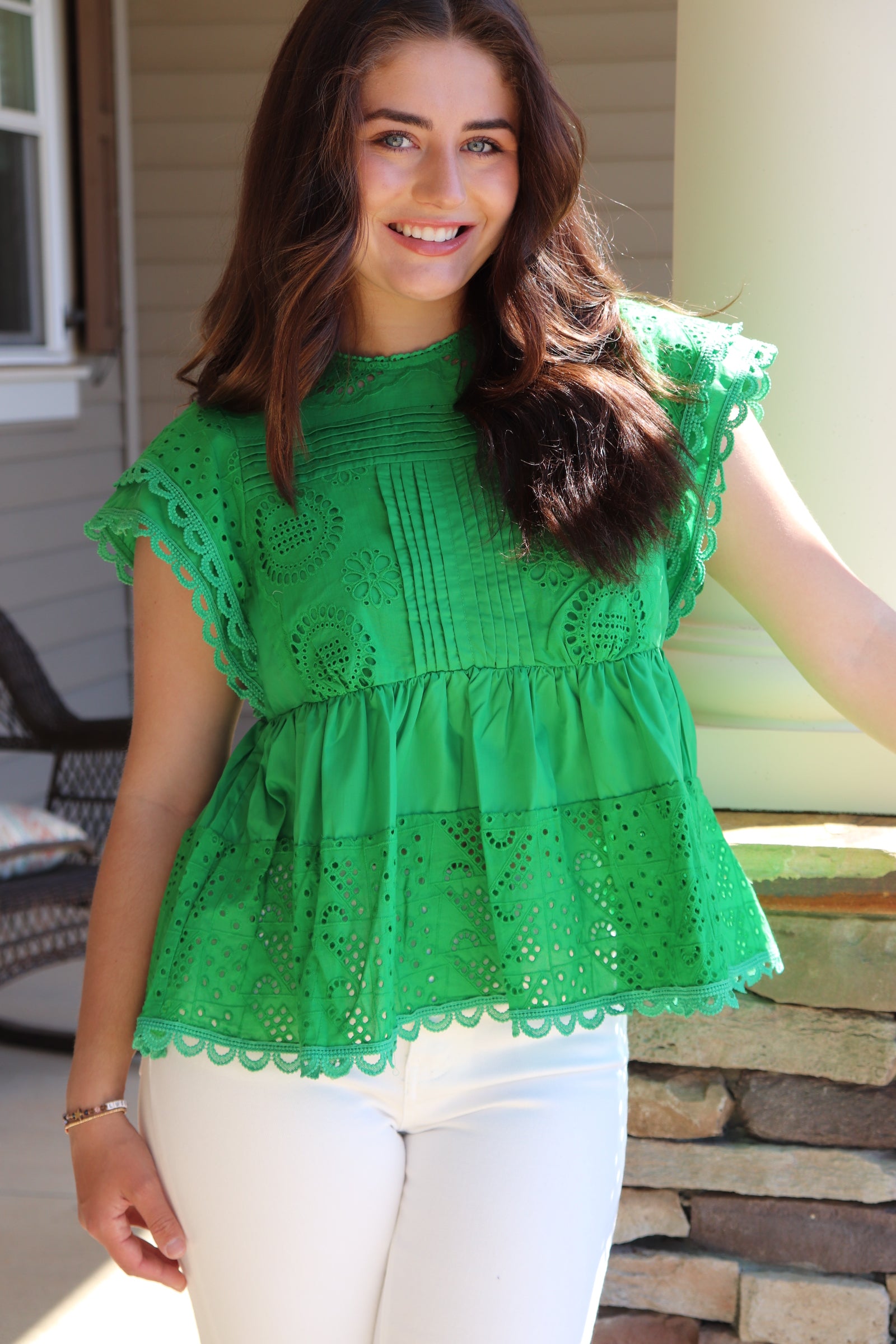Green Eyelet Short Sleeve Top