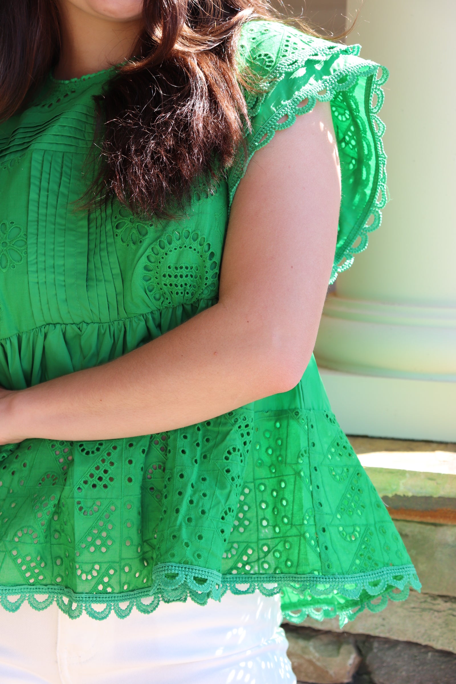 Green Eyelet Short Sleeve Top