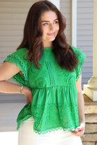 Green Eyelet Short Sleeve Top