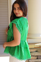 Green Eyelet Short Sleeve Top