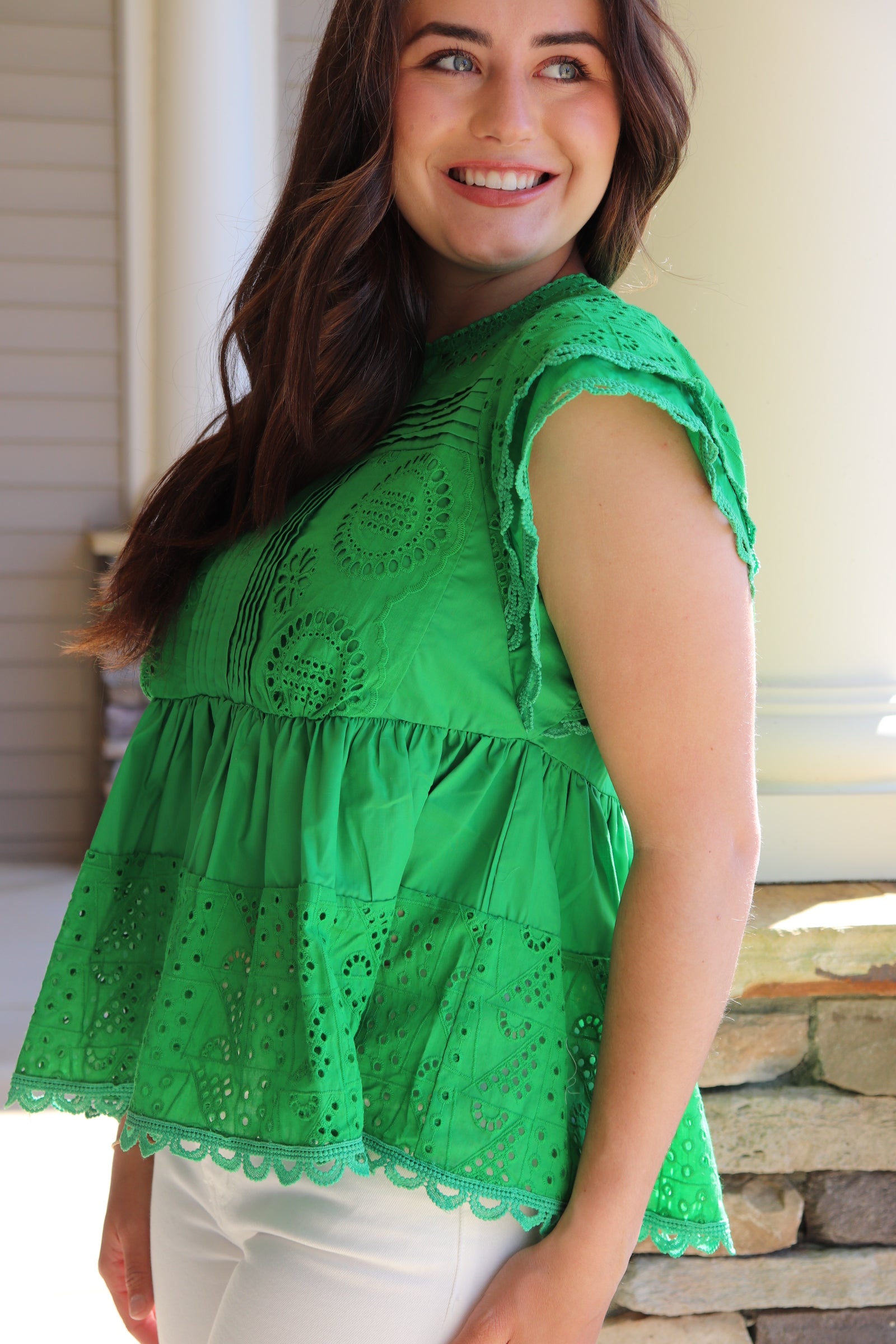 Green Eyelet Short Sleeve Top