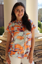 Orange/Purple Print Short Sleeve Blouse