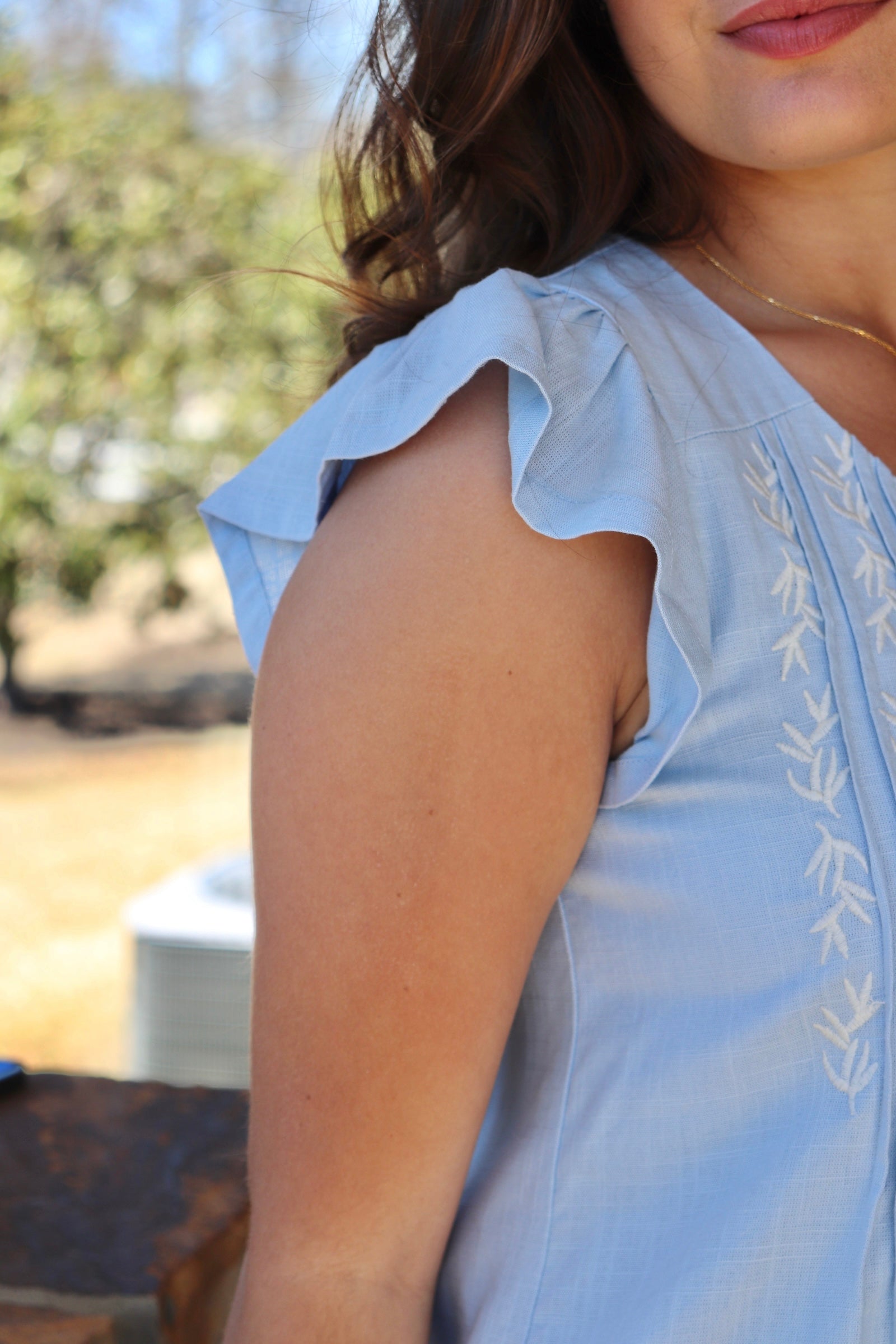 Sky Blue Linen Embroidered Top