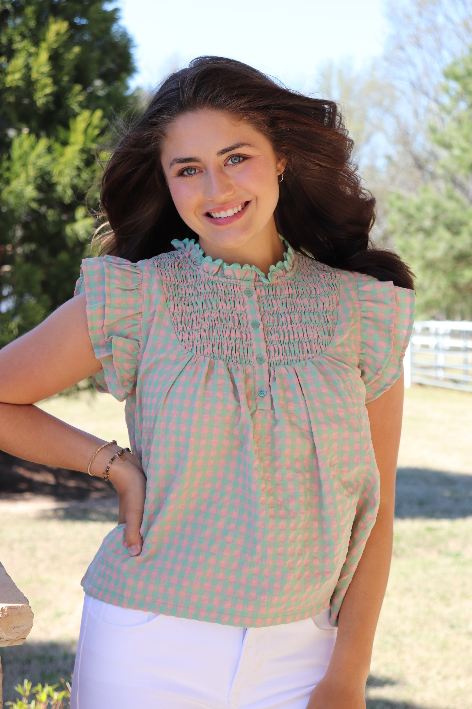 Green & Coral Gingham Short sleeve Top. smocked yoke, flutter sleeves