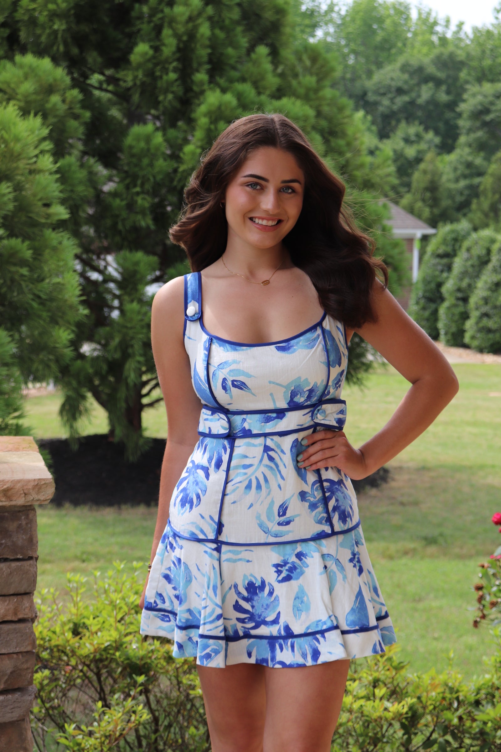 Blue Floral Print Fit & Flare Dress Medium
