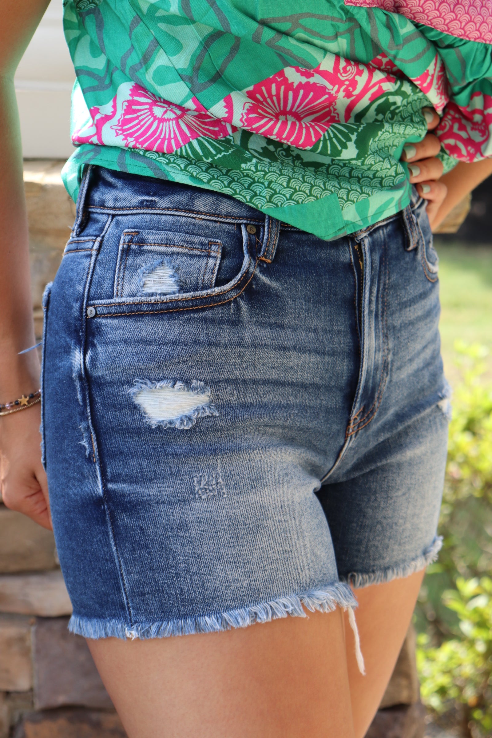 Risen High-Rise Dark Shorts with minimal distressing