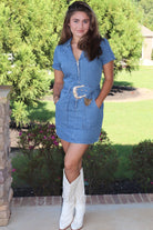 Denim mini dress western silver belt & buckle