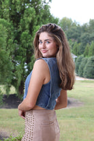 Cropped Denim Vest and taupe suede stud skirt