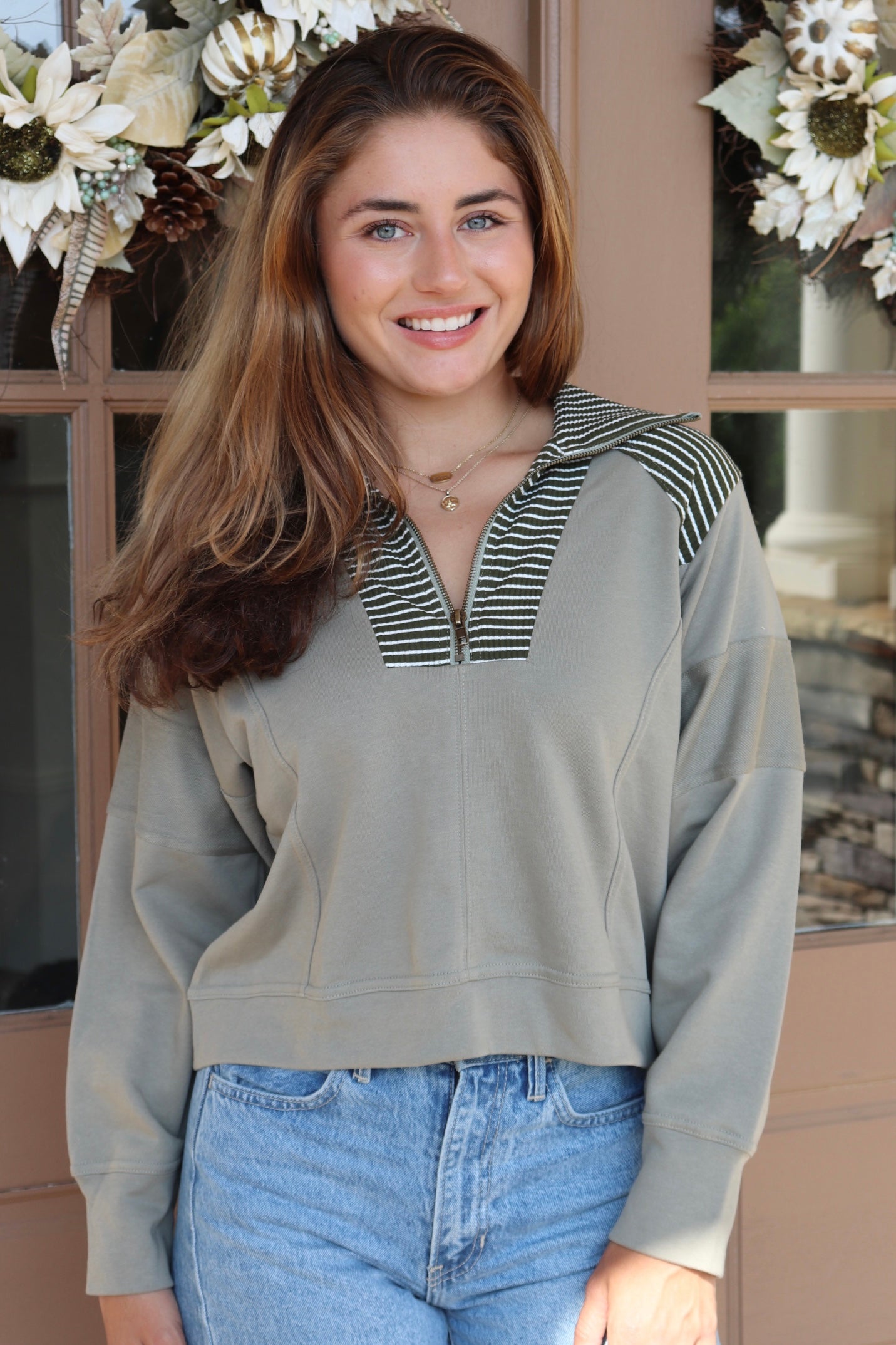 Olive 1/2 Zip Sweatshirt with striped trim details