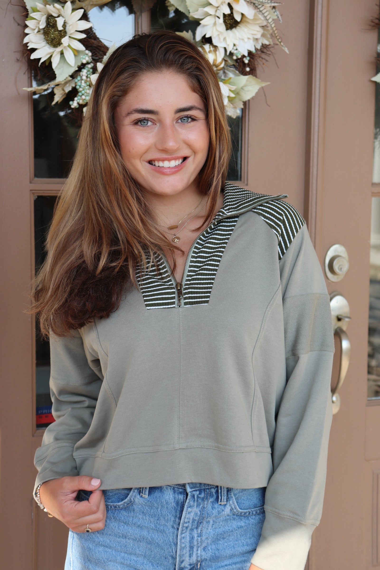 Olive 1/2 Zip Sweatshirt with striped trim details