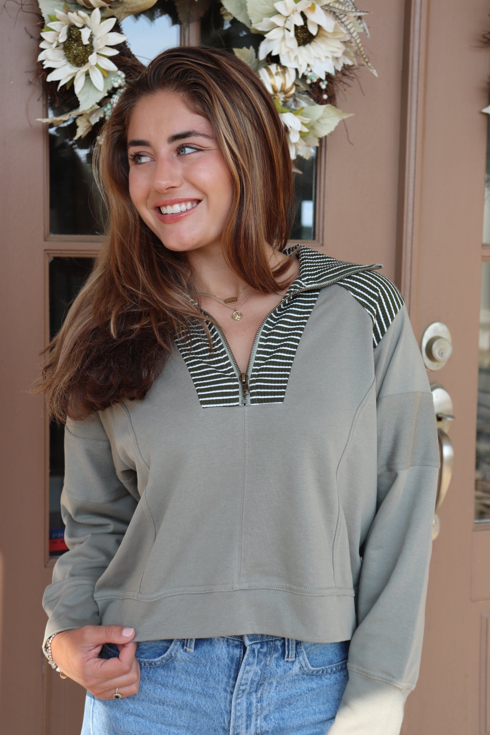 Olive 1/2 Zip Sweatshirt with striped trim details