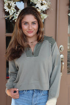 Olive 1/2 Zip Sweatshirt with striped trim details