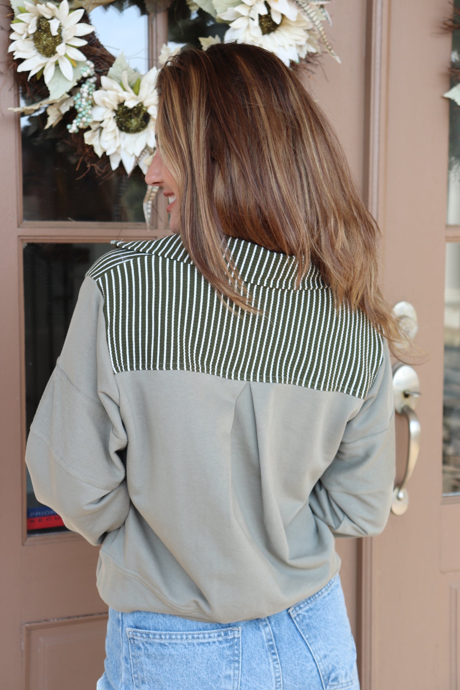 Olive 1/2 Zip Sweatshirt with striped trim details