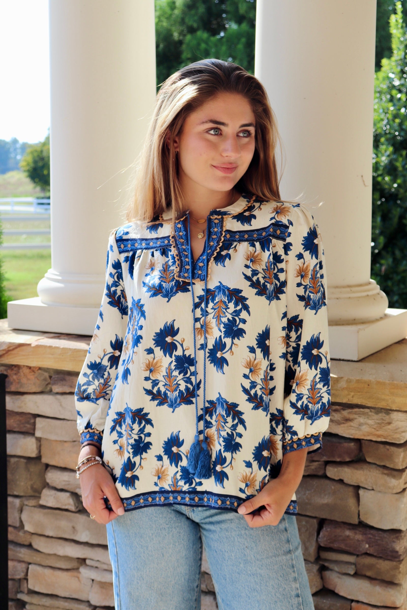 Blue & Taupe Floral Fall Print 3/4 Sleeve Blouse with tassels 